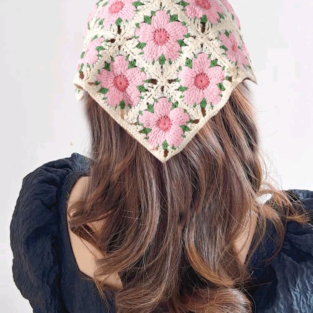 Floral Crochet Headscarf - Pink and Cream